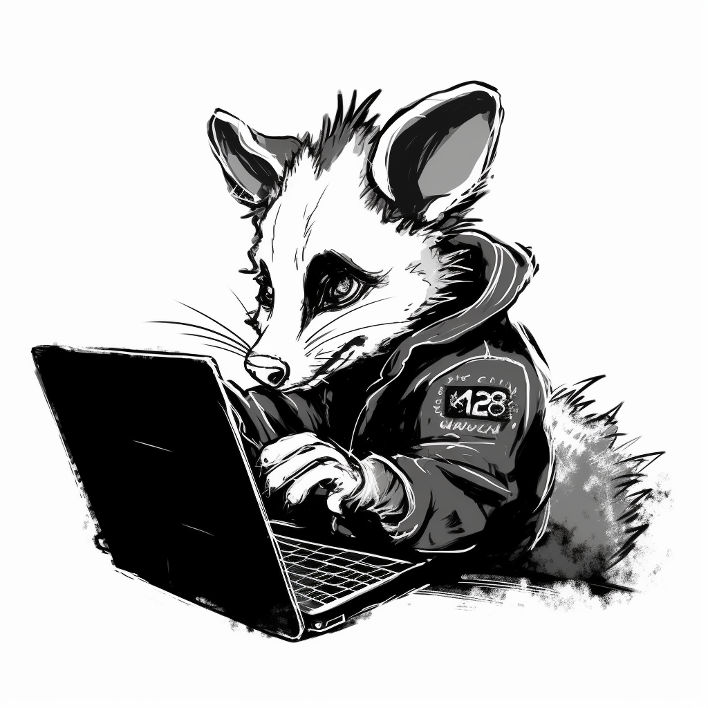 black and white possum using laptop